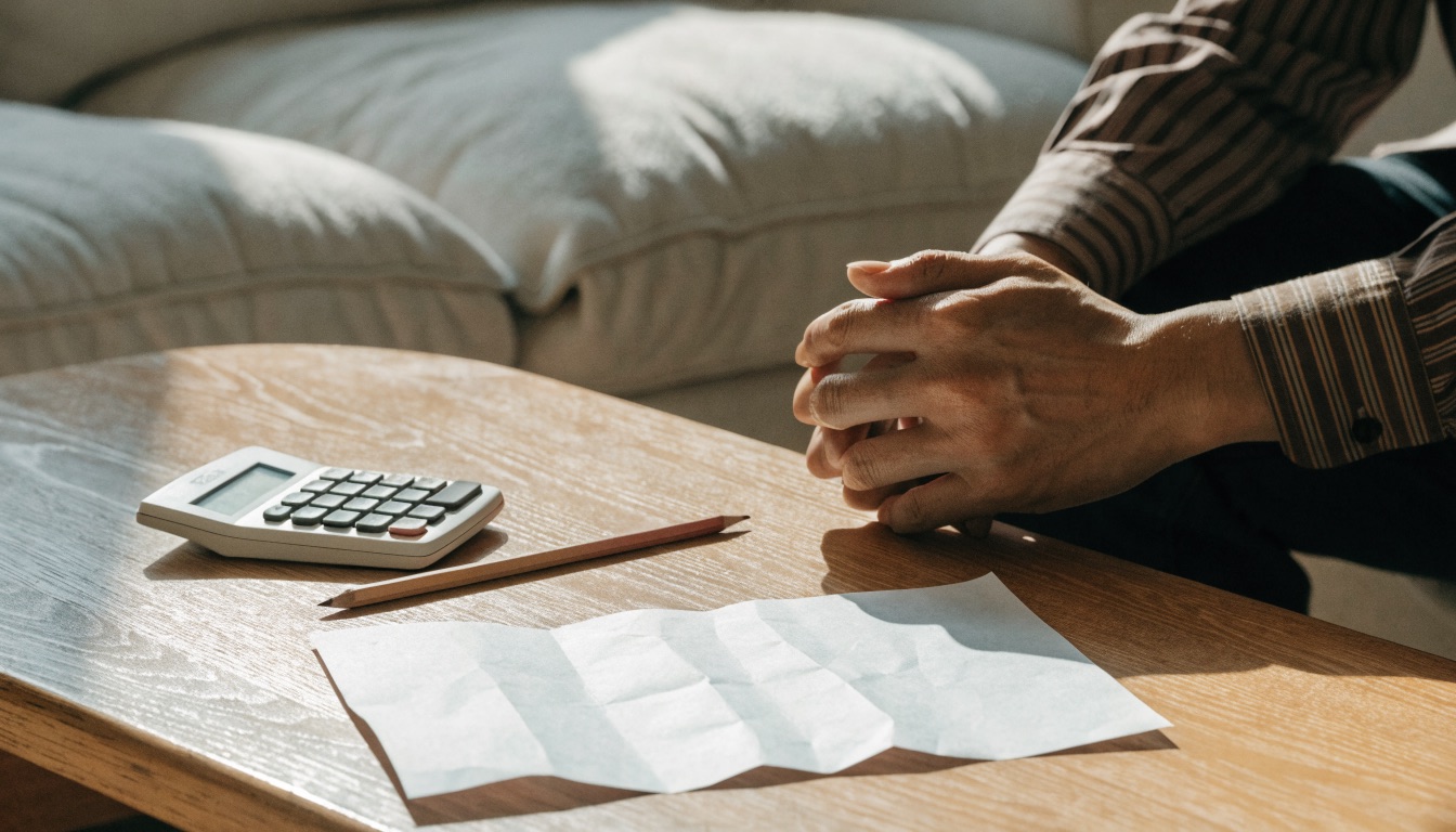 A pocket calculator, a pencil and a folded paper on a coffee table