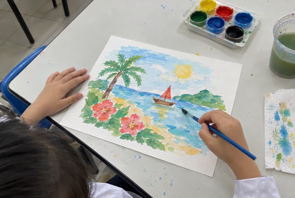 A child painting a watercolour of a beach, a sailboat and hibiscus flowers