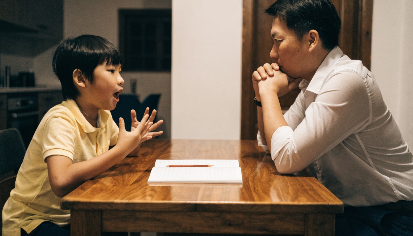 孩子在餐桌前讲故事,家长双手托着下巴在听,桌上有笔记本和铅笔