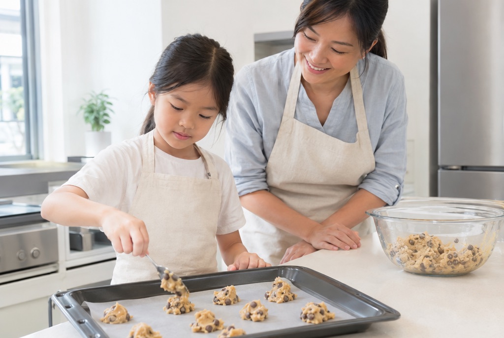 A girl spooning cookie dough onto a baking tray while an adult watches