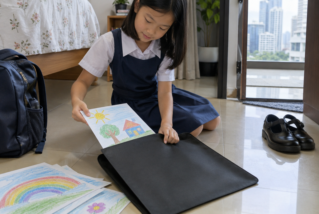 A child sliding drawings into a black portfolio beside a pair of school shoes