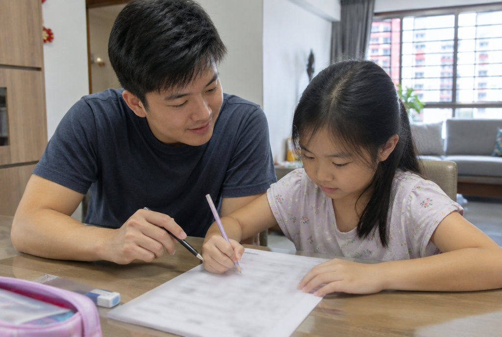 A young tutor in a navy t-shirt helping a primary school girl with a worksheet at home