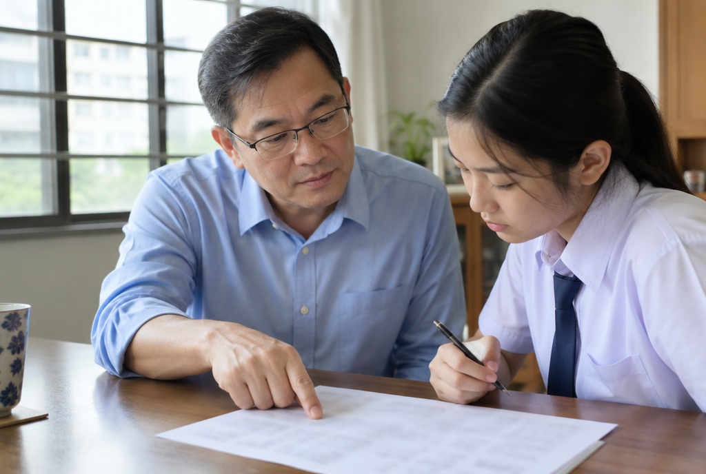An older tutor with glasses pointing at a page while a secondary school girl in uniform writes