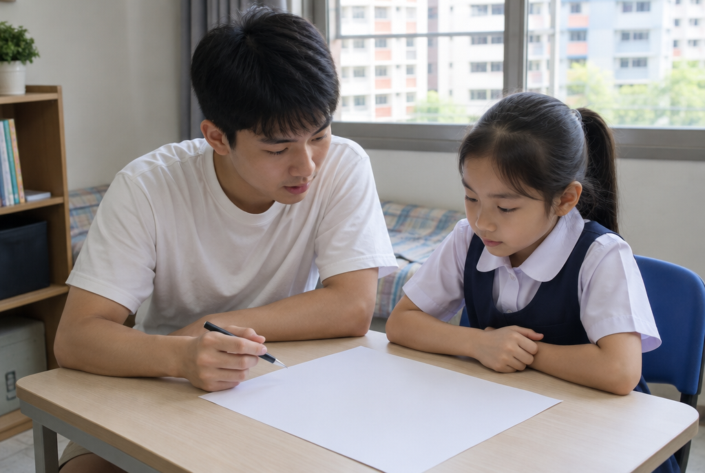 A university-age tutor in a white t-shirt sitting with a primary school girl over a blank sheet