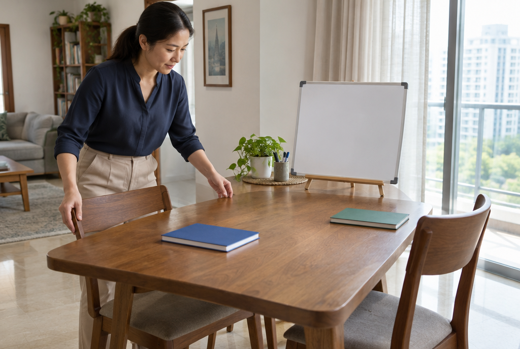 A tutor setting two chairs at a dining table, with a blank whiteboard on an easel