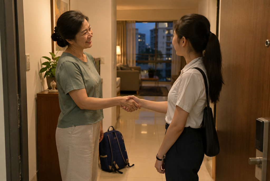A parent and a tutor shaking hands at an apartment door after a lesson, a school bag on the floor