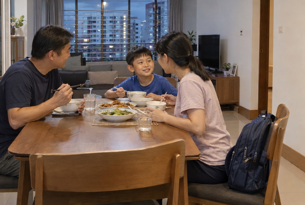 A family eating dinner together in a flat, with a school bag on a chair