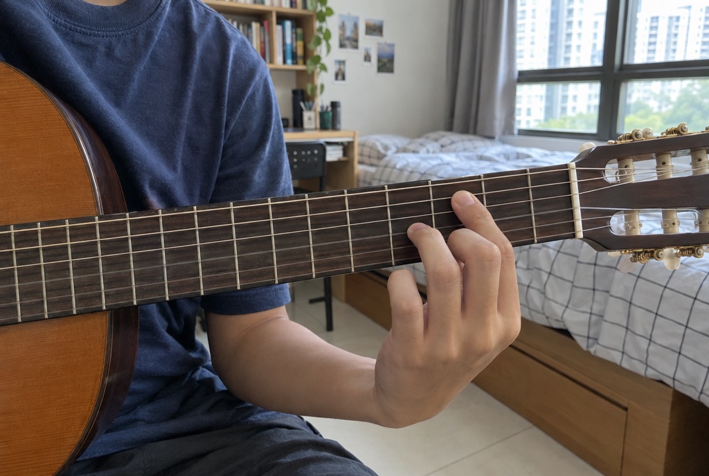 A close view of a left hand forming a chord on a classical guitar in a bedroom