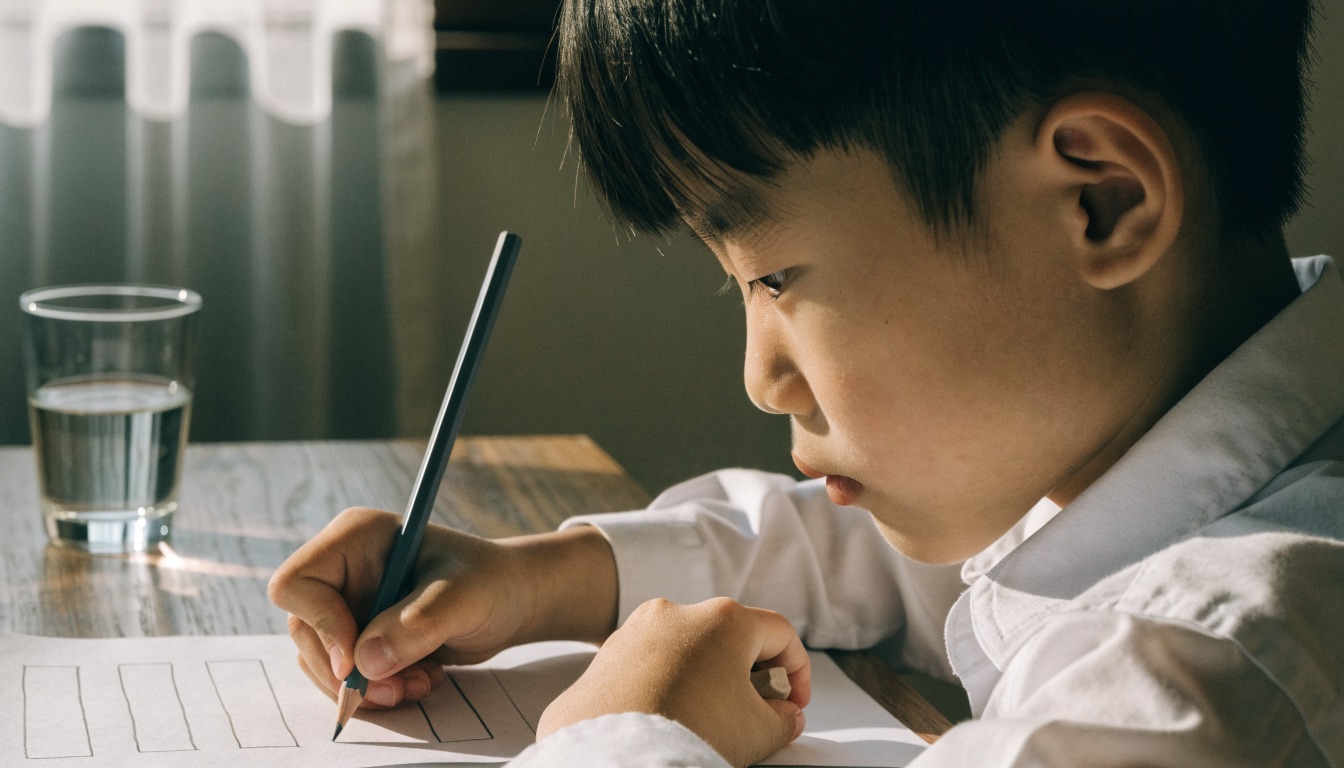 A primary school boy drawing bar models on a worksheet at a table