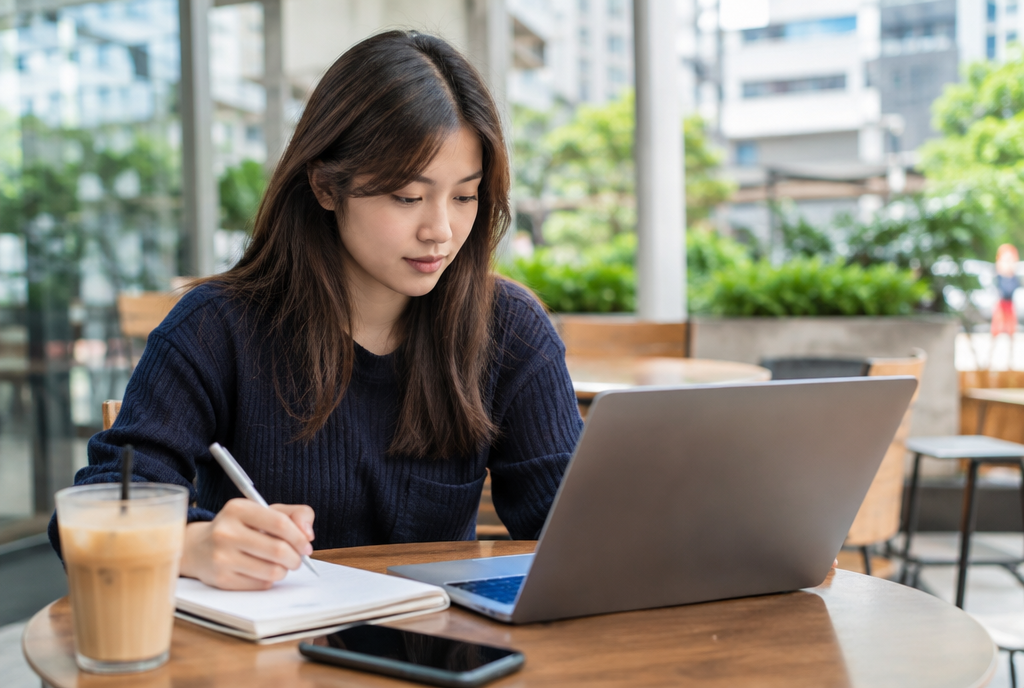 A young woman at a cafe table writing in a notebook beside an open laptop