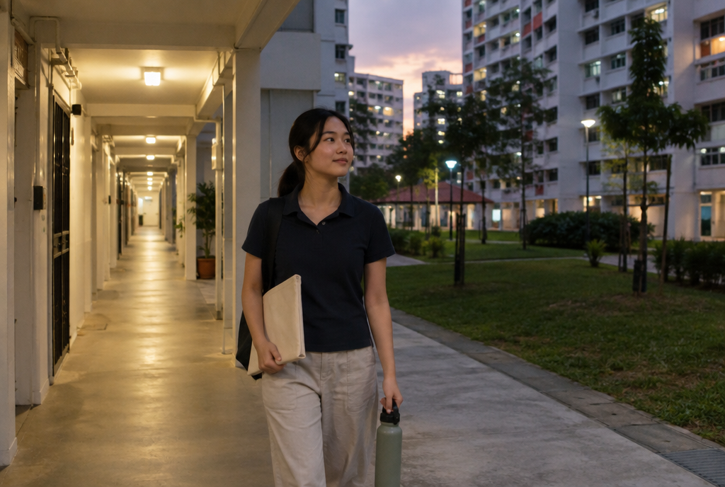 A tutor walking an HDB corridor at dusk with a folder and a water bottle