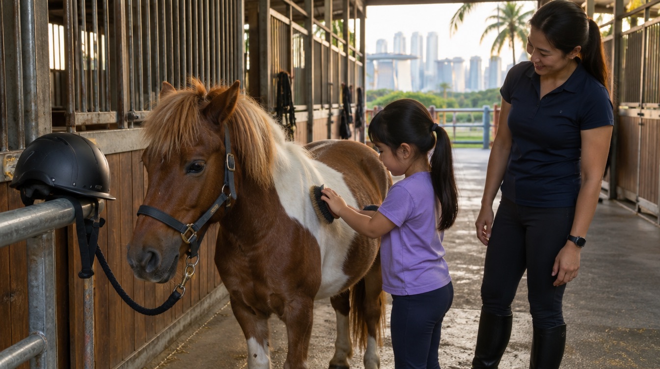 A child brushing a pony in a stable aisle while an adult supervises