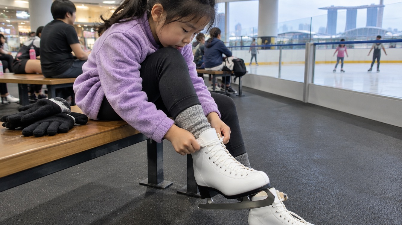 A child pulling on hired ice skates over thick socks, with gloves on the bench