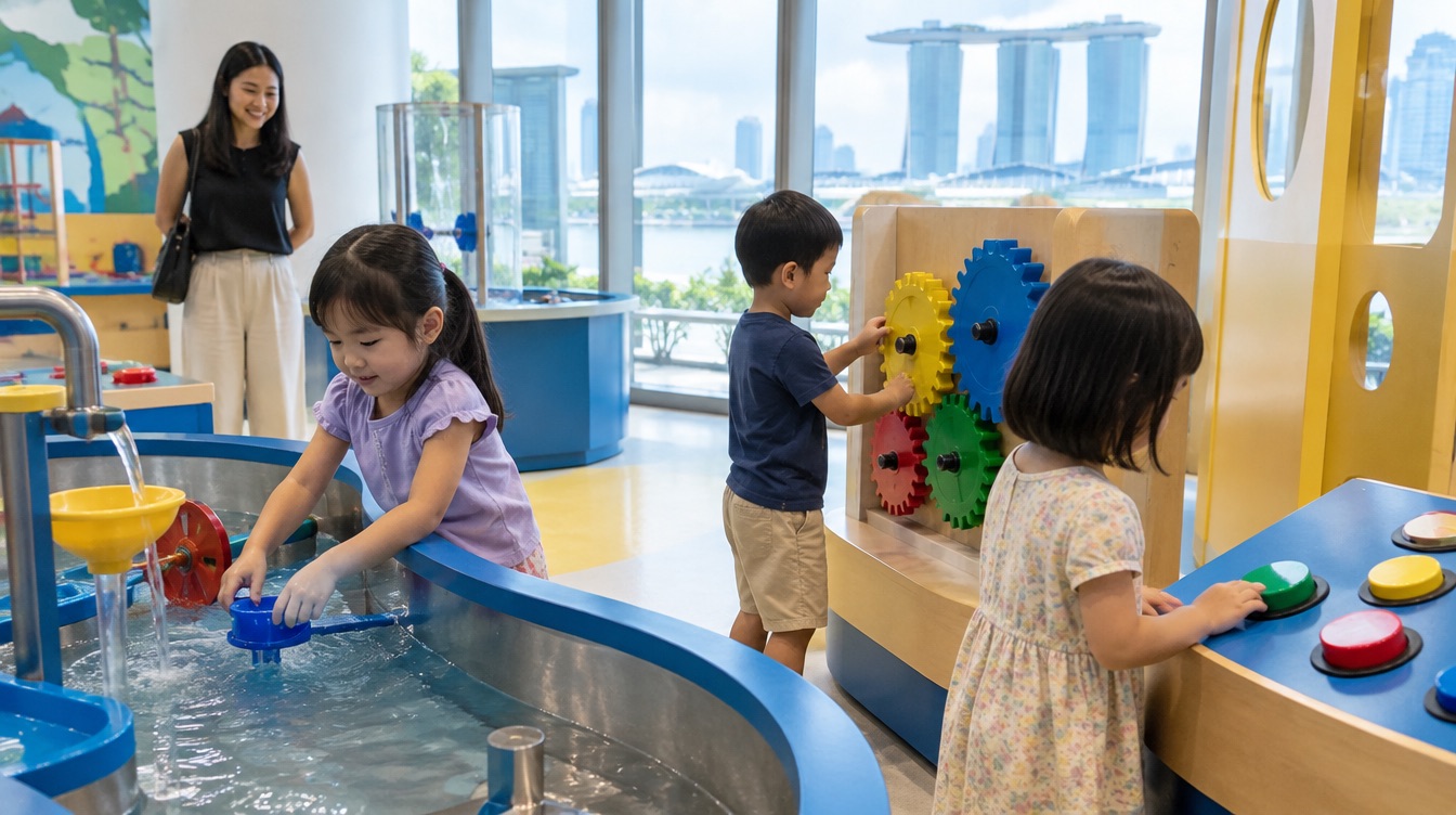 Young children exploring hands-on science exhibits in a bright children's gallery