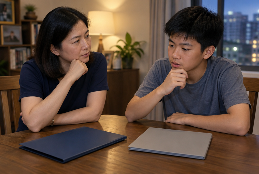 A mother and a teenage boy talking across a table with two closed folders between them