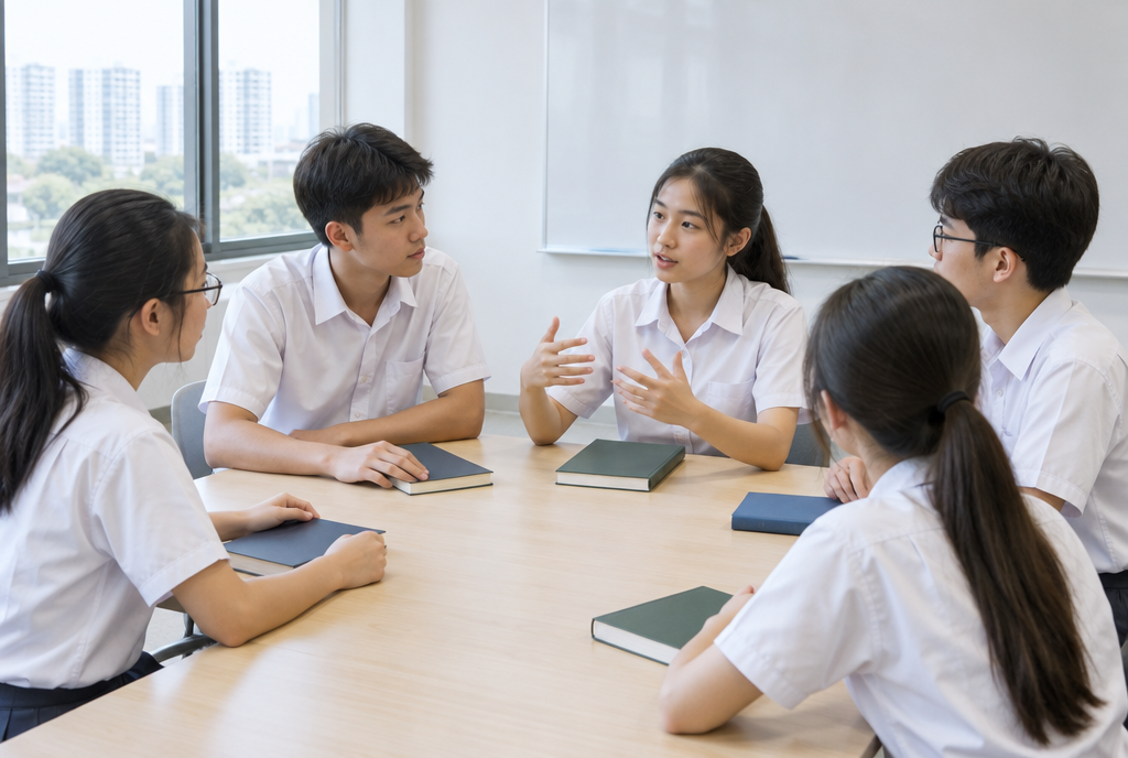 Older secondary students discussing around a table in a bright seminar room, books closed