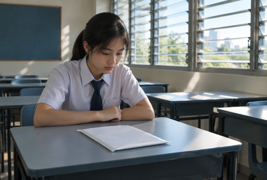 A secondary student in uniform sitting with a blank exam booklet face down on the desk