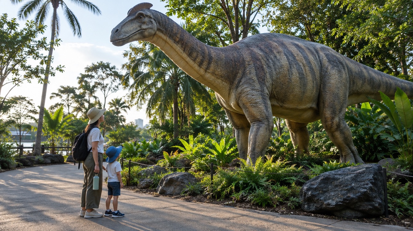A parent and child looking up at a large dinosaur sculpture on an outdoor Singapore path