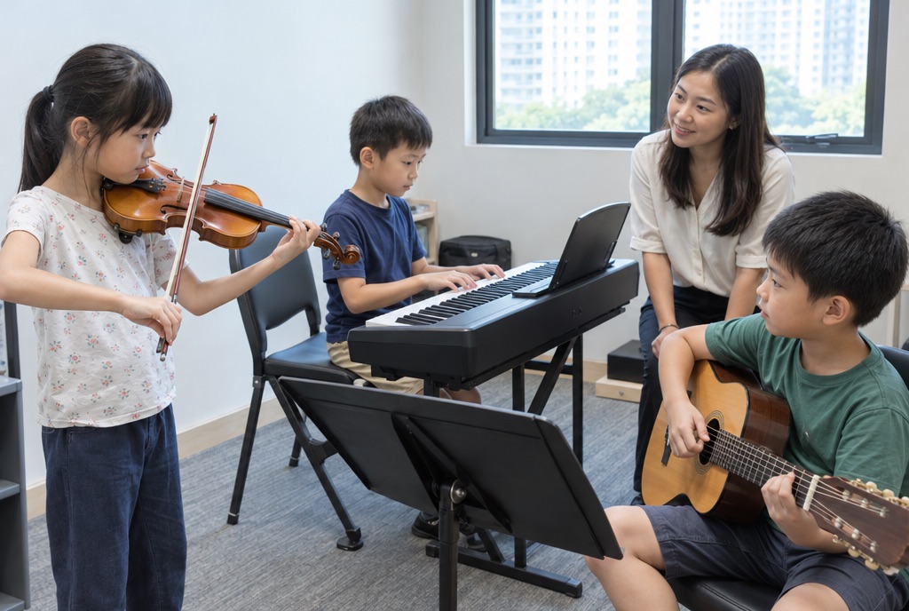 Three children playing violin, piano and guitar in a music room, with a teacher listening