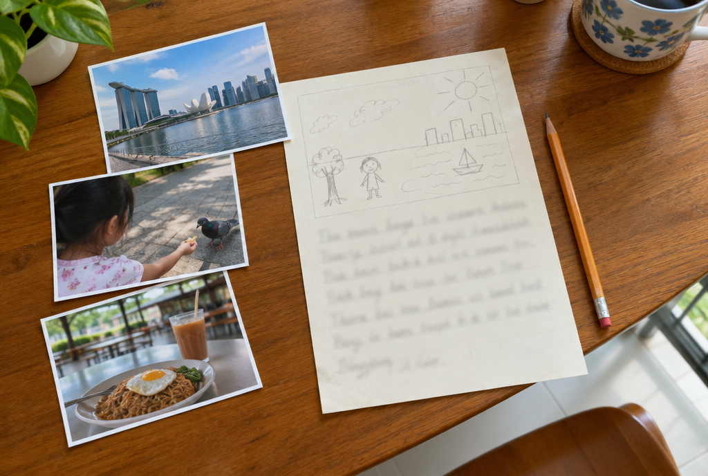 Three photographs of Singapore scenes beside a handwritten draft and a pencil