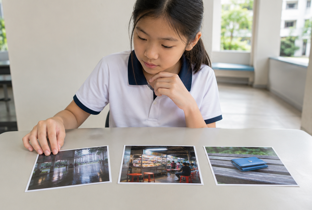 A primary school girl choosing between three photographs: a rainy void deck, a hawker stall, and a blue wallet