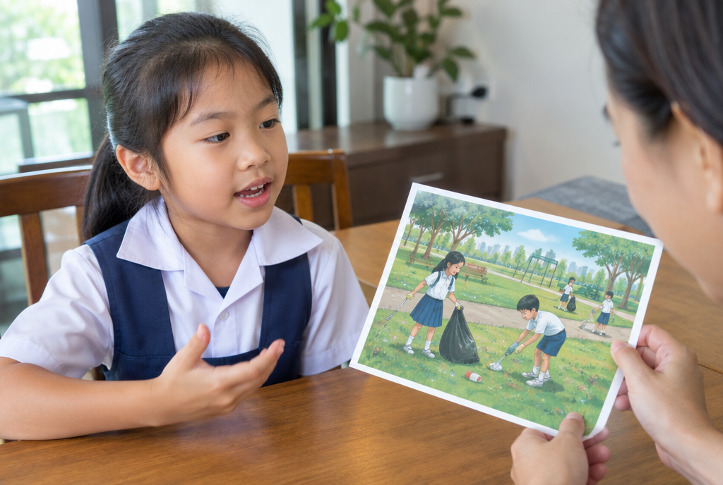 A primary school girl speaking and gesturing about a picture of children cleaning a park