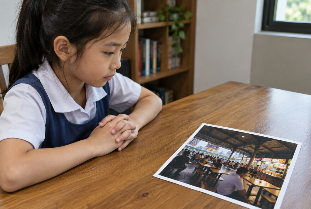 A primary school girl studying a photograph of a hawker centre, hands folded