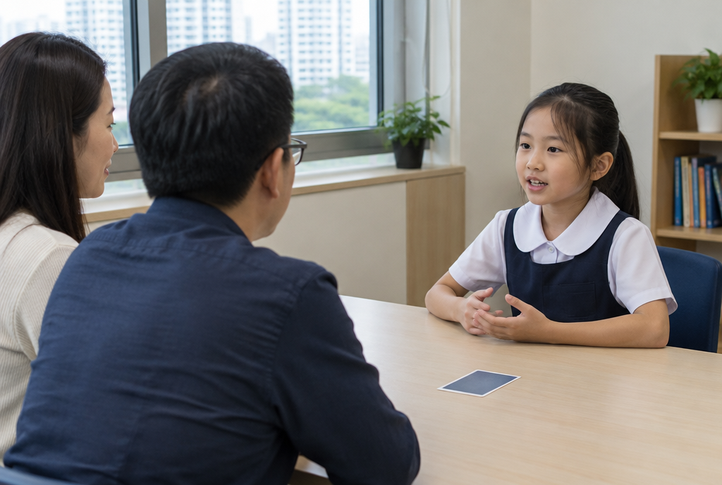 A primary pupil speaking to two adults across a table, with a picture card face down