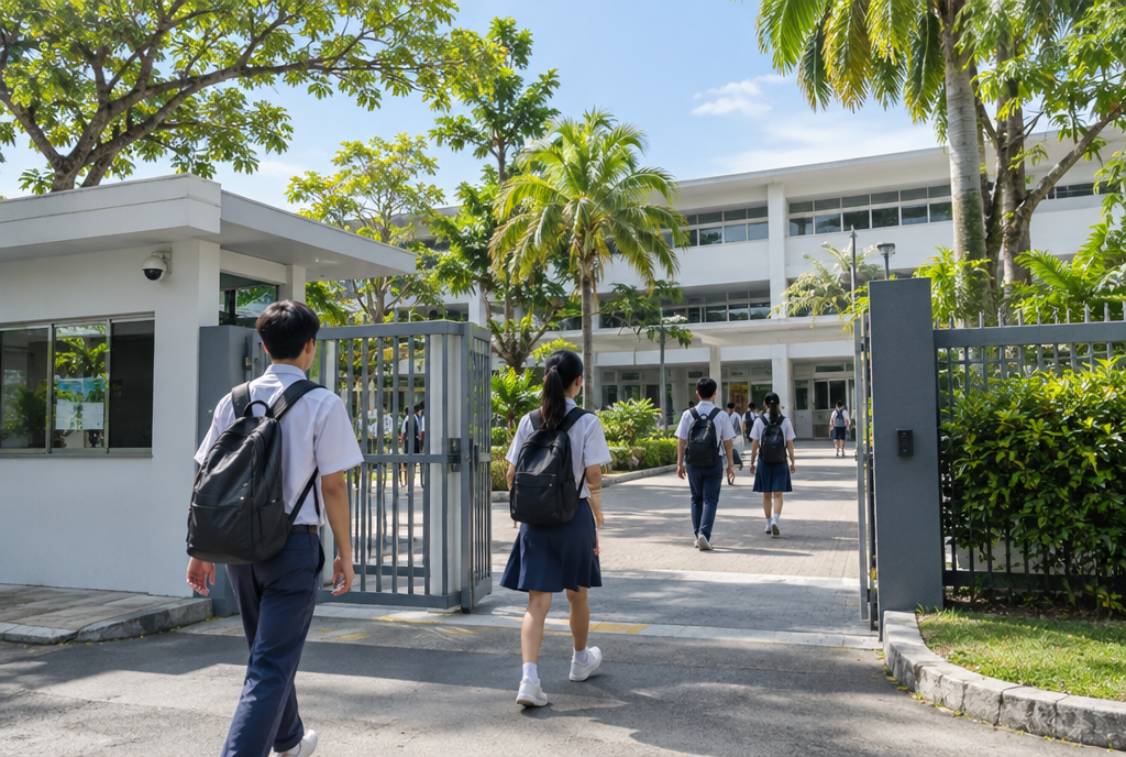 Secondary students with backpacks walking through a Singapore school gate in the morning