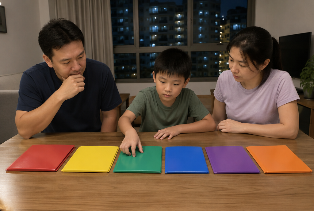 Parents and a boy arranging six plain coloured folders in a row on a dining table at night