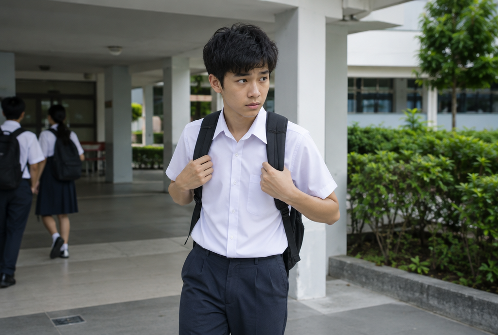 A teenage boy in a new white school uniform adjusting his backpack outside a school porch