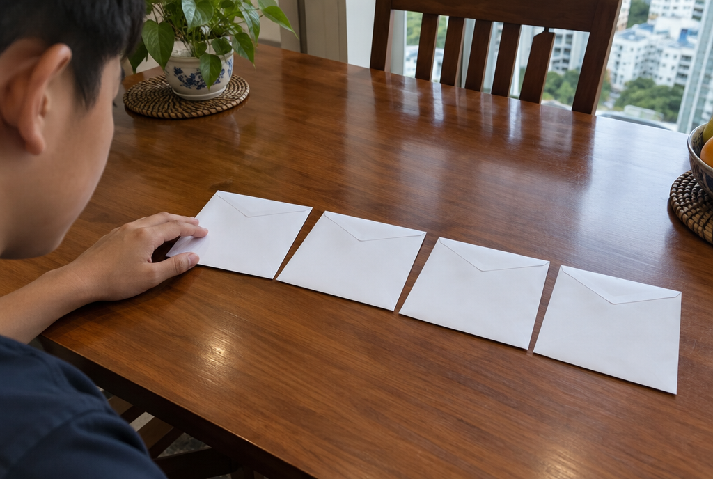 A boy touching the first of four blank envelopes laid in a row on a dining table