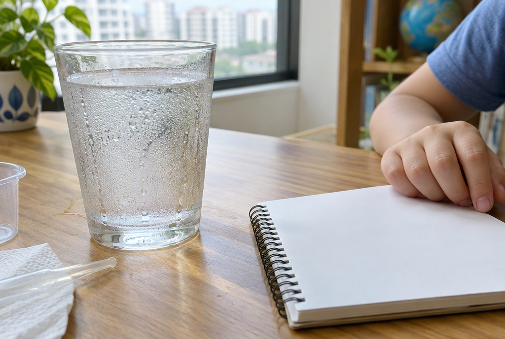 A glass of cold water covered in condensation beside a blank notebook on a wooden table