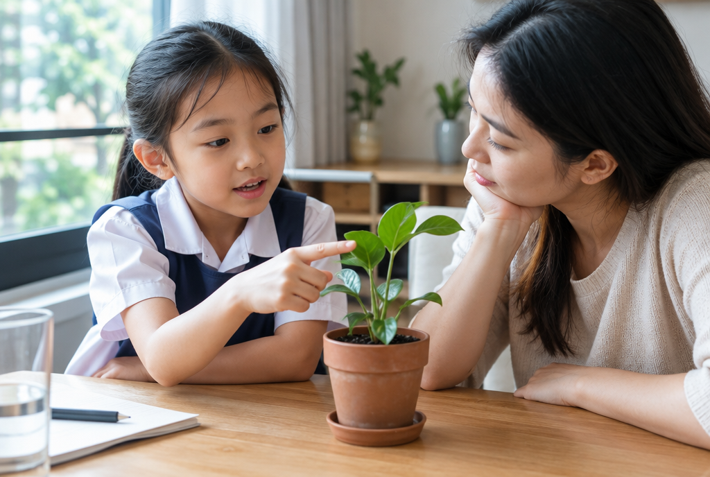 A primary school girl pointing at a potted plant while explaining it to a woman at the table