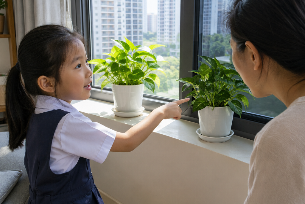 A primary pupil comparing a plant in sunlight with a plant in shade, talking to a parent