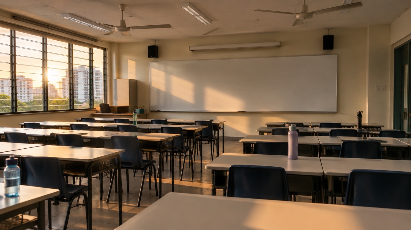 An empty Singapore primary classroom at the end of term, with a blank whiteboard