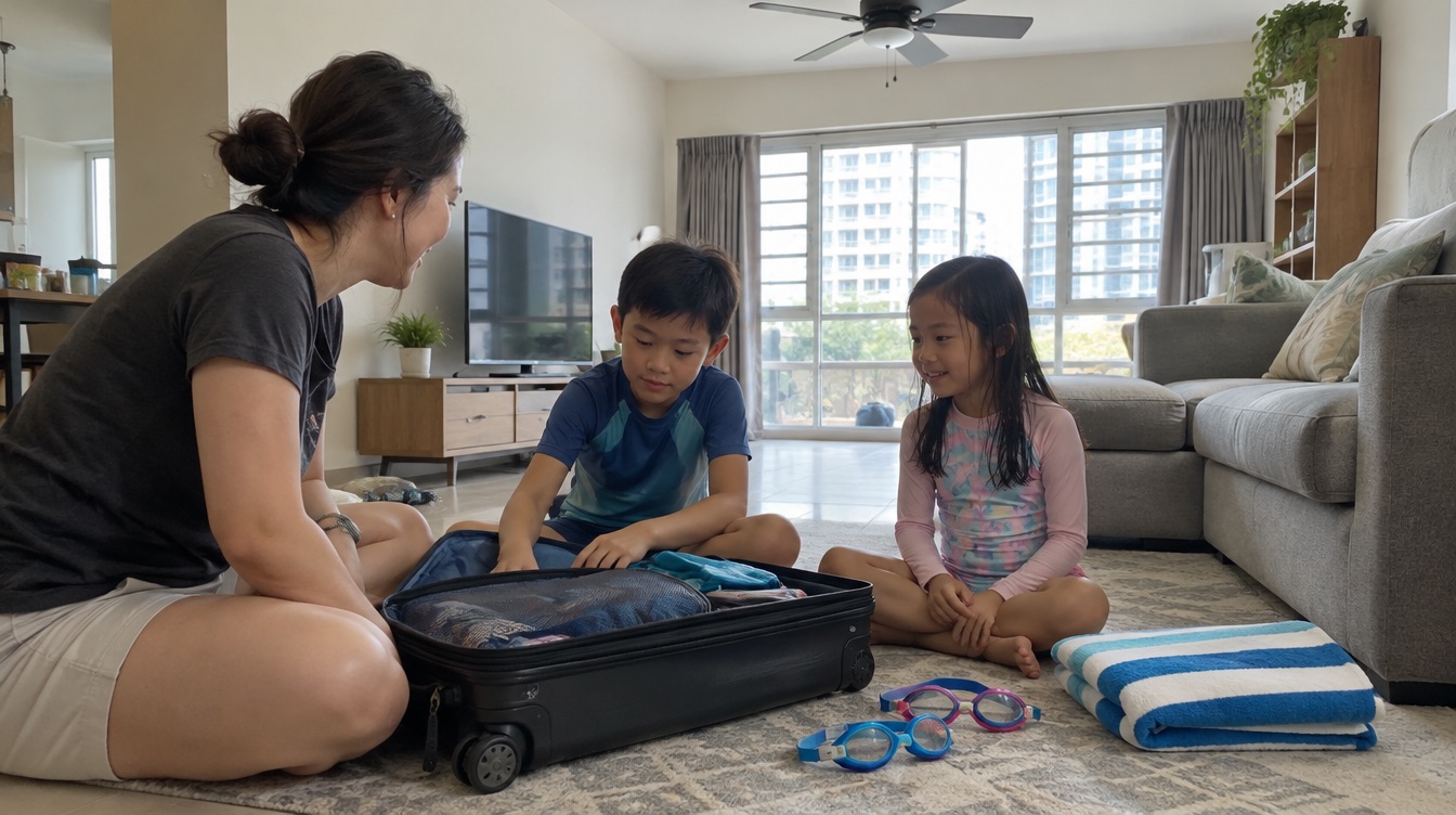 Two children packing a suitcase at home in a Singapore flat during the school holidays