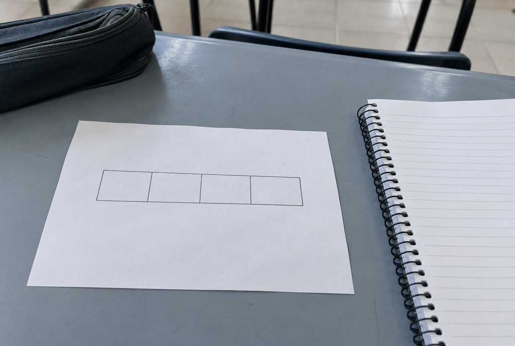 A hand-drawn bar model of four equal boxes on a sheet of paper, next to a blank exercise book