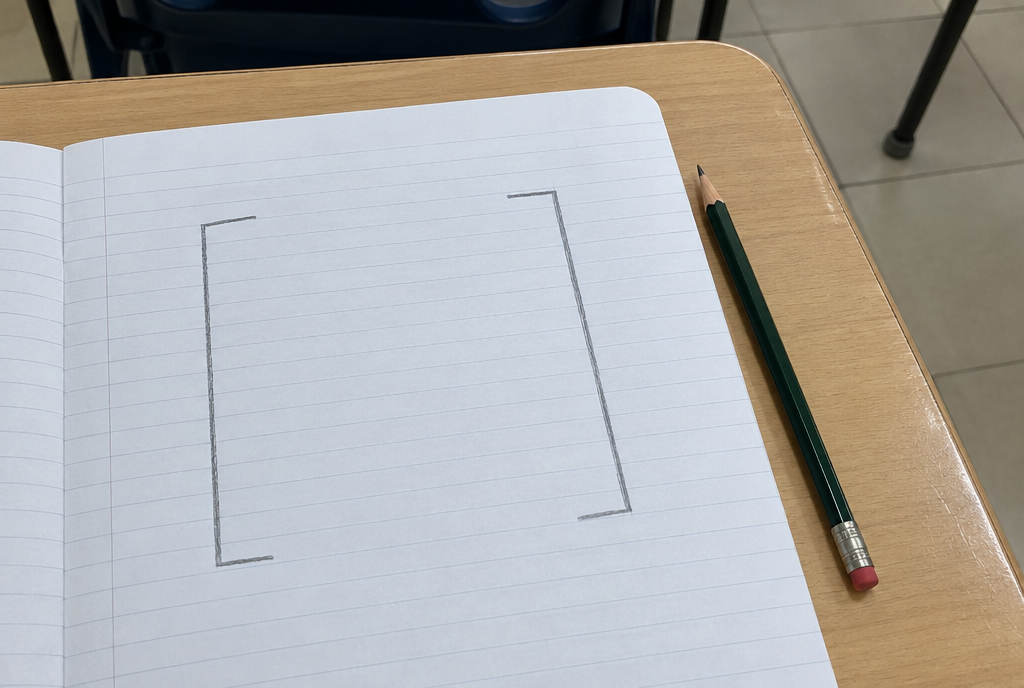 A notebook page with a large empty pair of pencil brackets and a pencil beside it