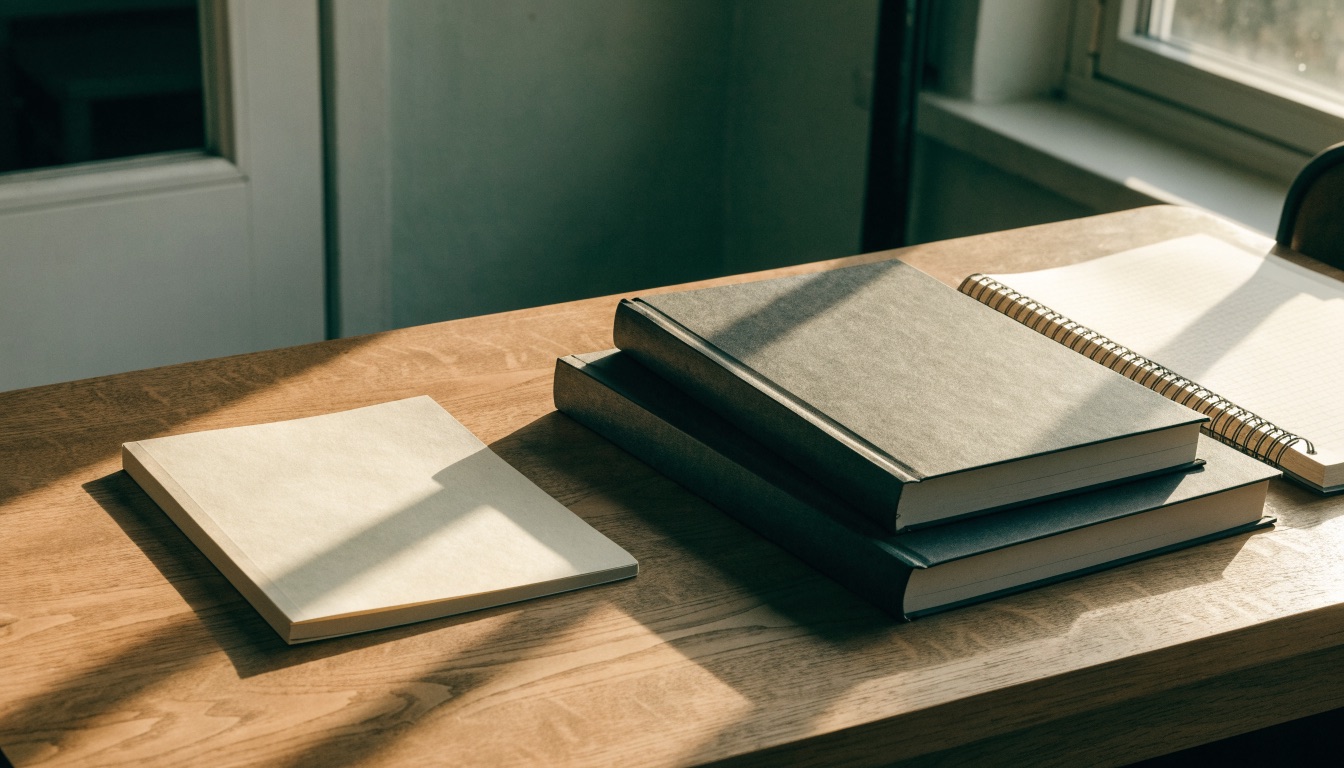 A slim notebook beside a stack of three textbooks on a classroom desk
