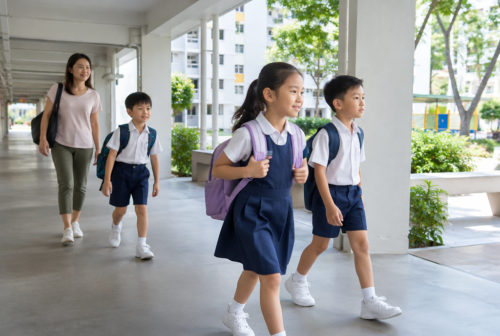 Primary school children with backpacks walking along a covered HDB walkway, a parent behind them