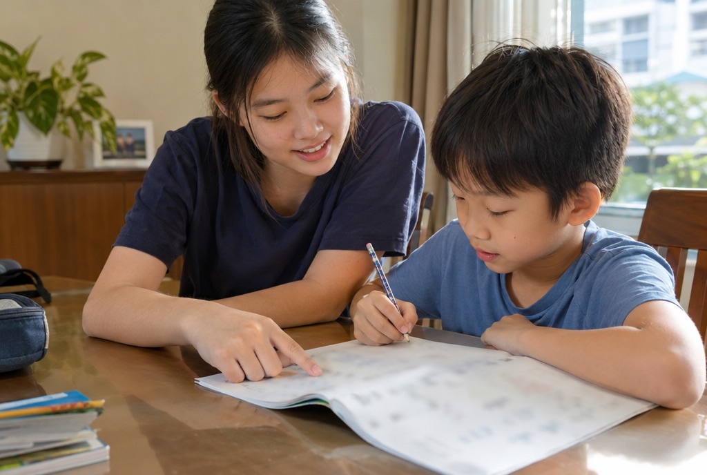 An older student helping a younger boy with homework at a dining table