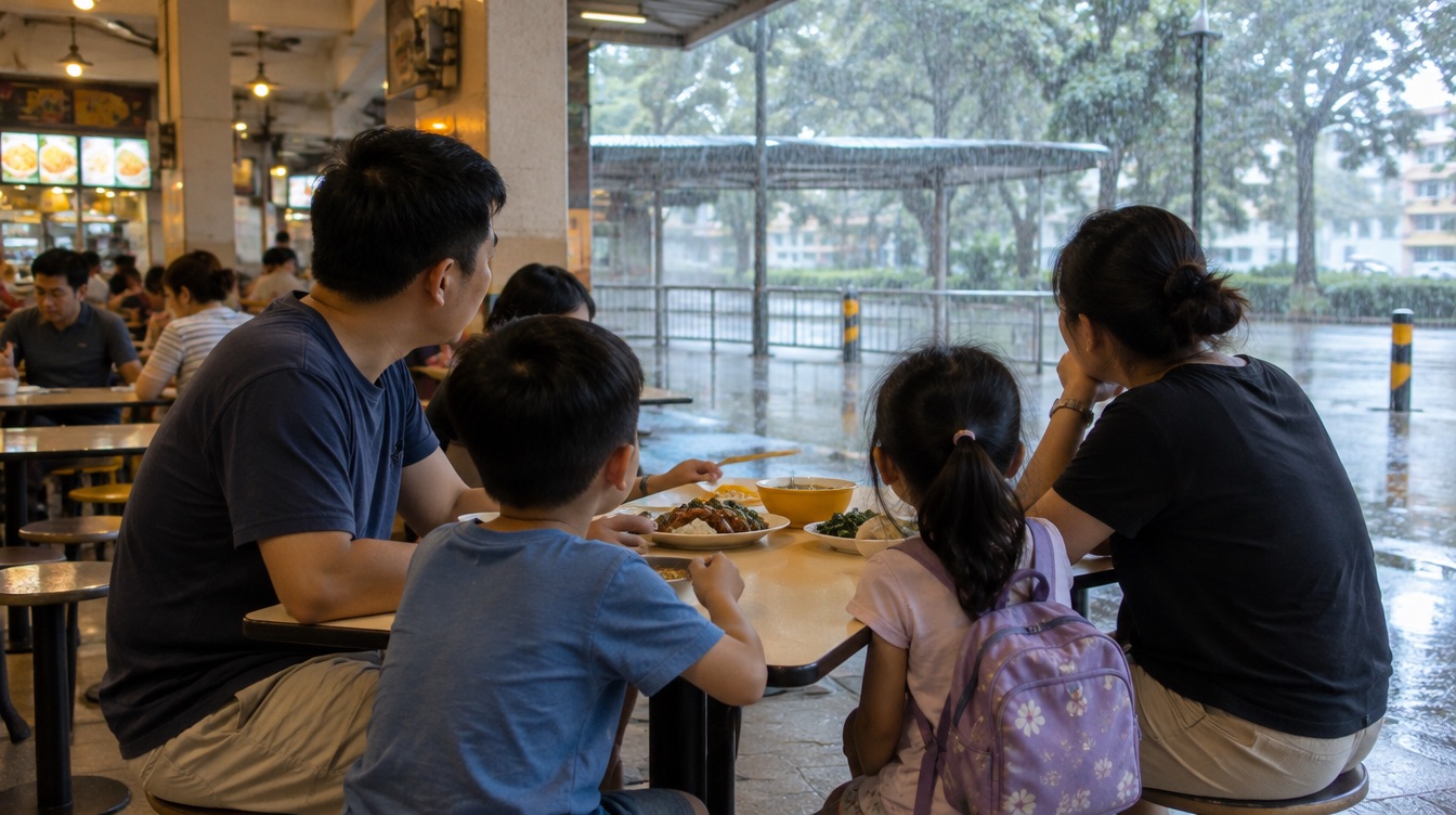 A family at a hawker centre table watching heavy rain outside