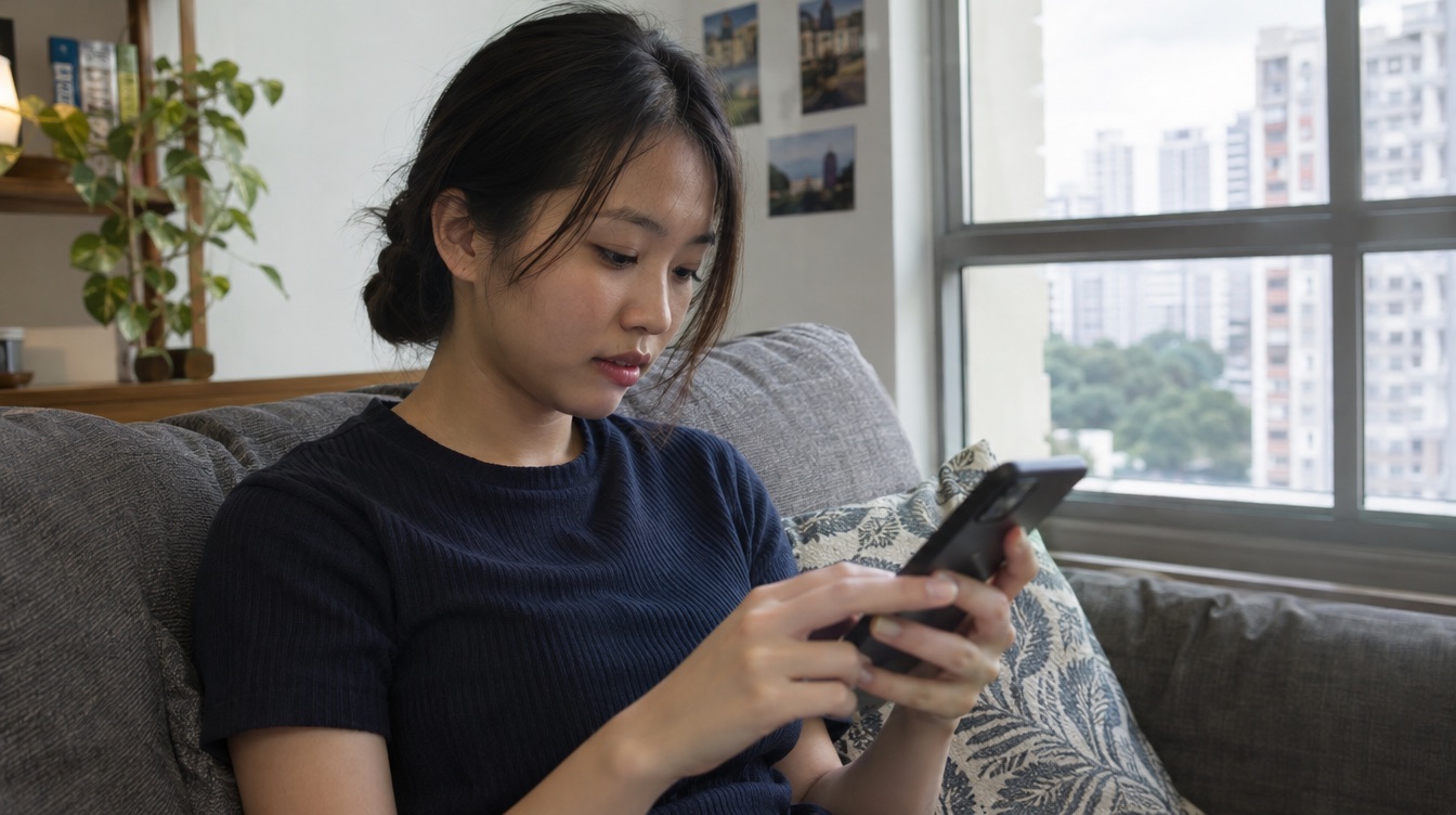A tutor writing a message on a phone at home