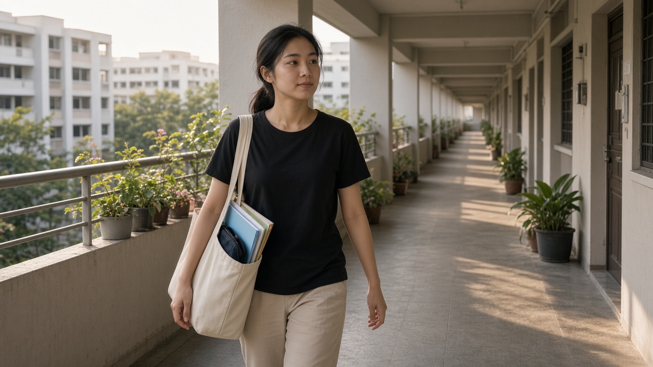 A tutor walking an HDB corridor on the way to a student's home