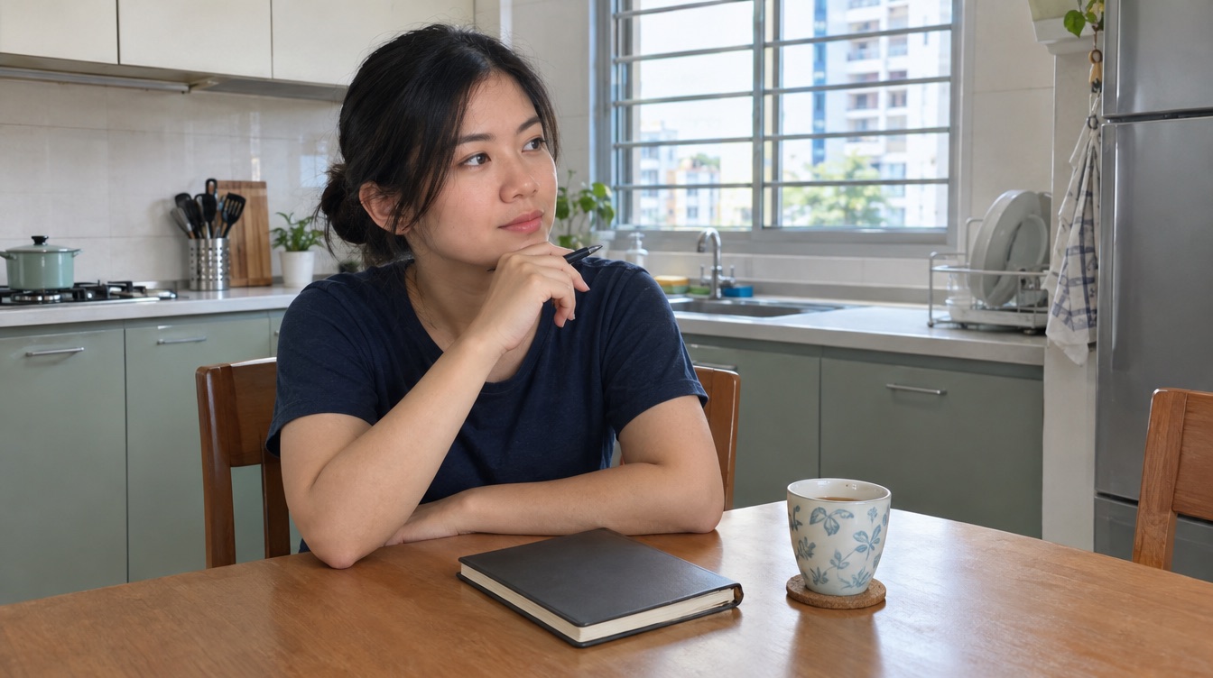 A young adult planning at a kitchen table with a closed notebook