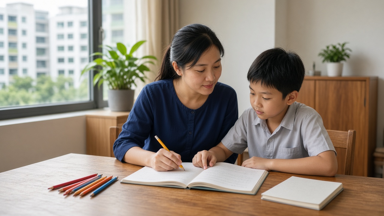 A tutor guiding a primary pupil through a workbook in a Singapore flat