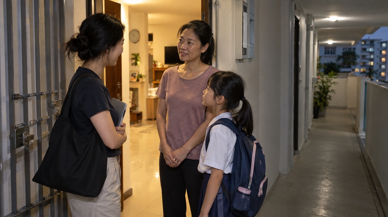 A tutor speaking with a parent and child at an HDB doorway after a lesson