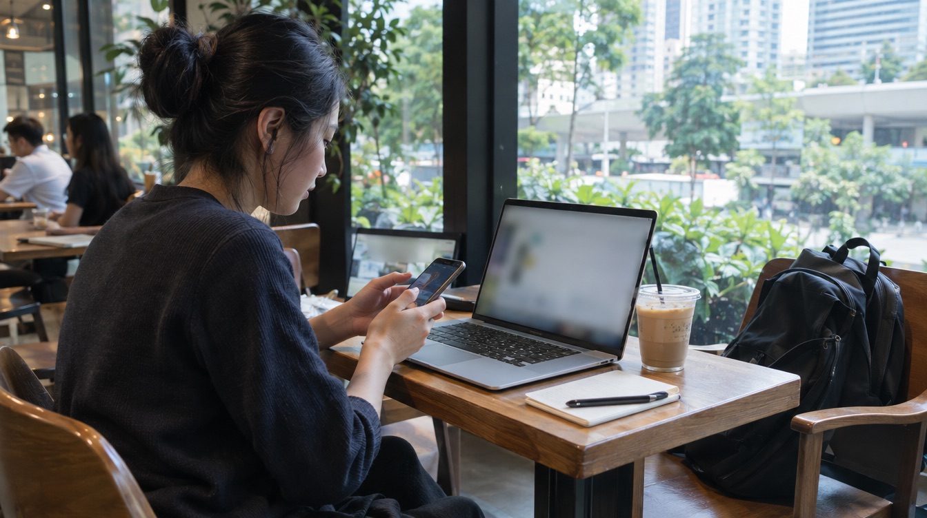 A tutor checking a phone beside a laptop in a cafe
