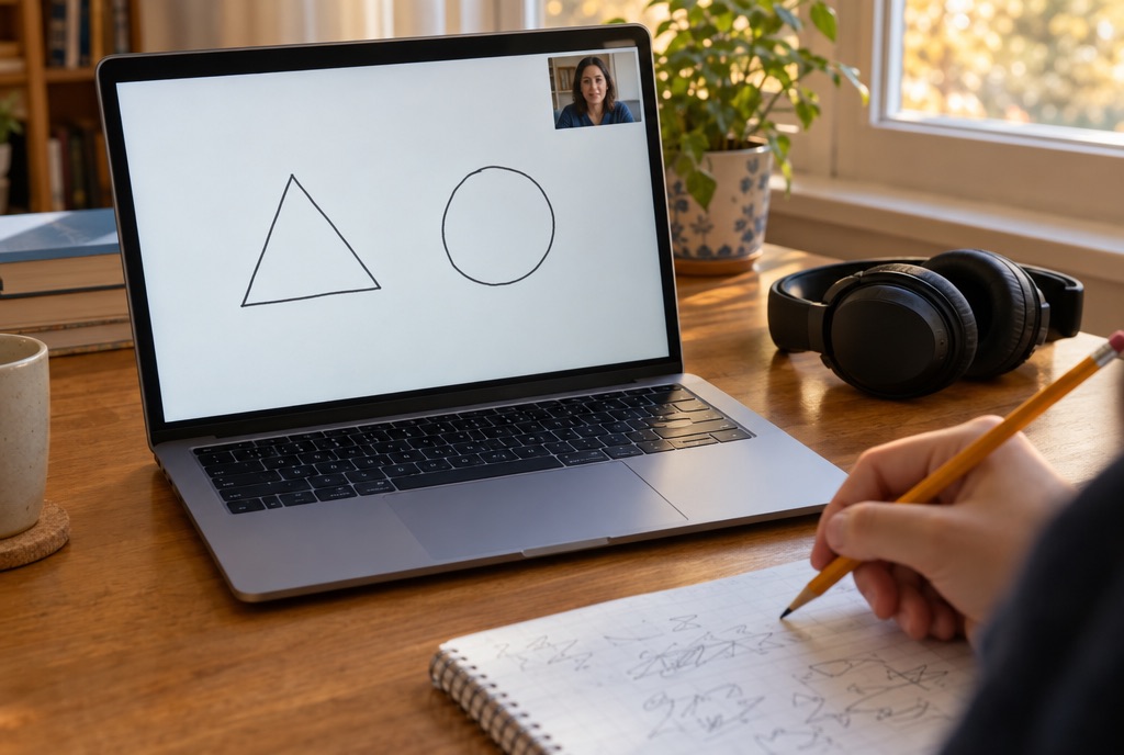 A laptop shows a shared digital whiteboard with a triangle and a circle while a student writes in a notebook